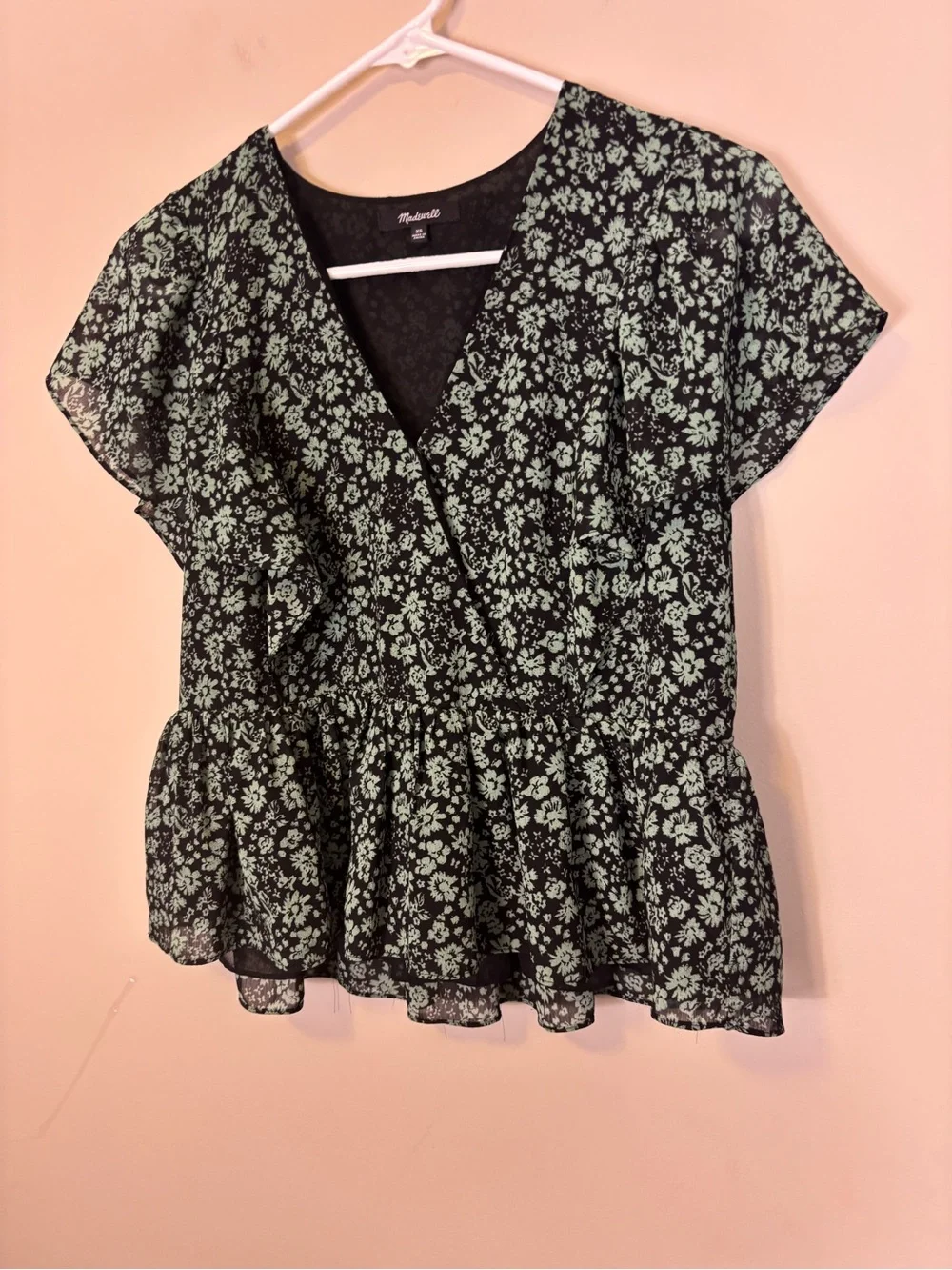 Madewell Black V-Neck Peplum Top with Mint Floral Print Blouse XS